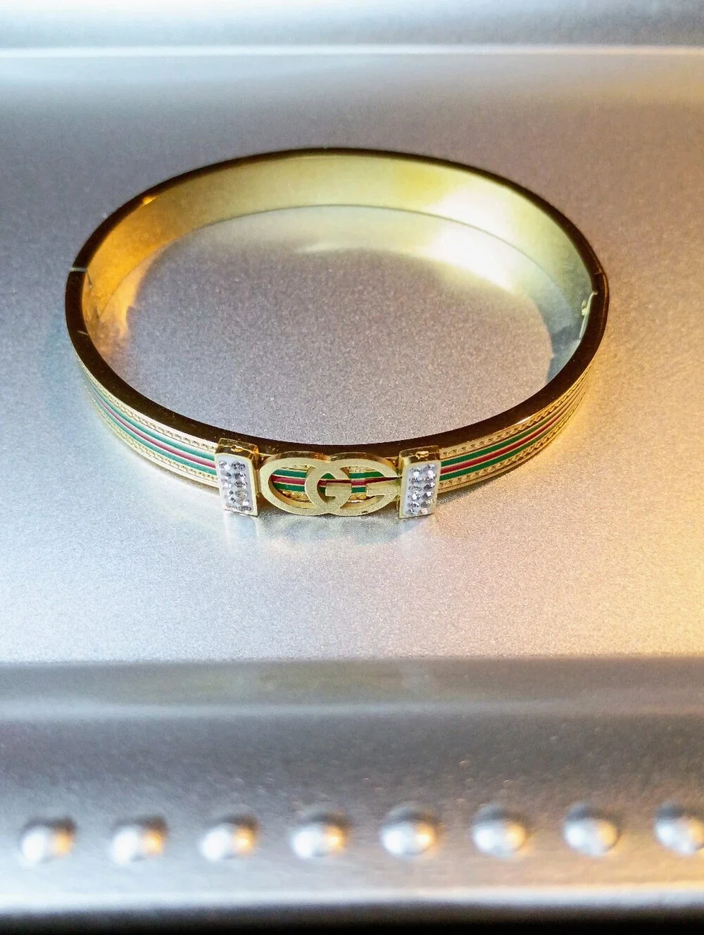 New Gold-Tone Green & Red Stripe Bangle Bracelet with Crystal Logo